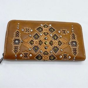 Vintage Light Brown Southwestern Stud Detail Wallet Faux Leather